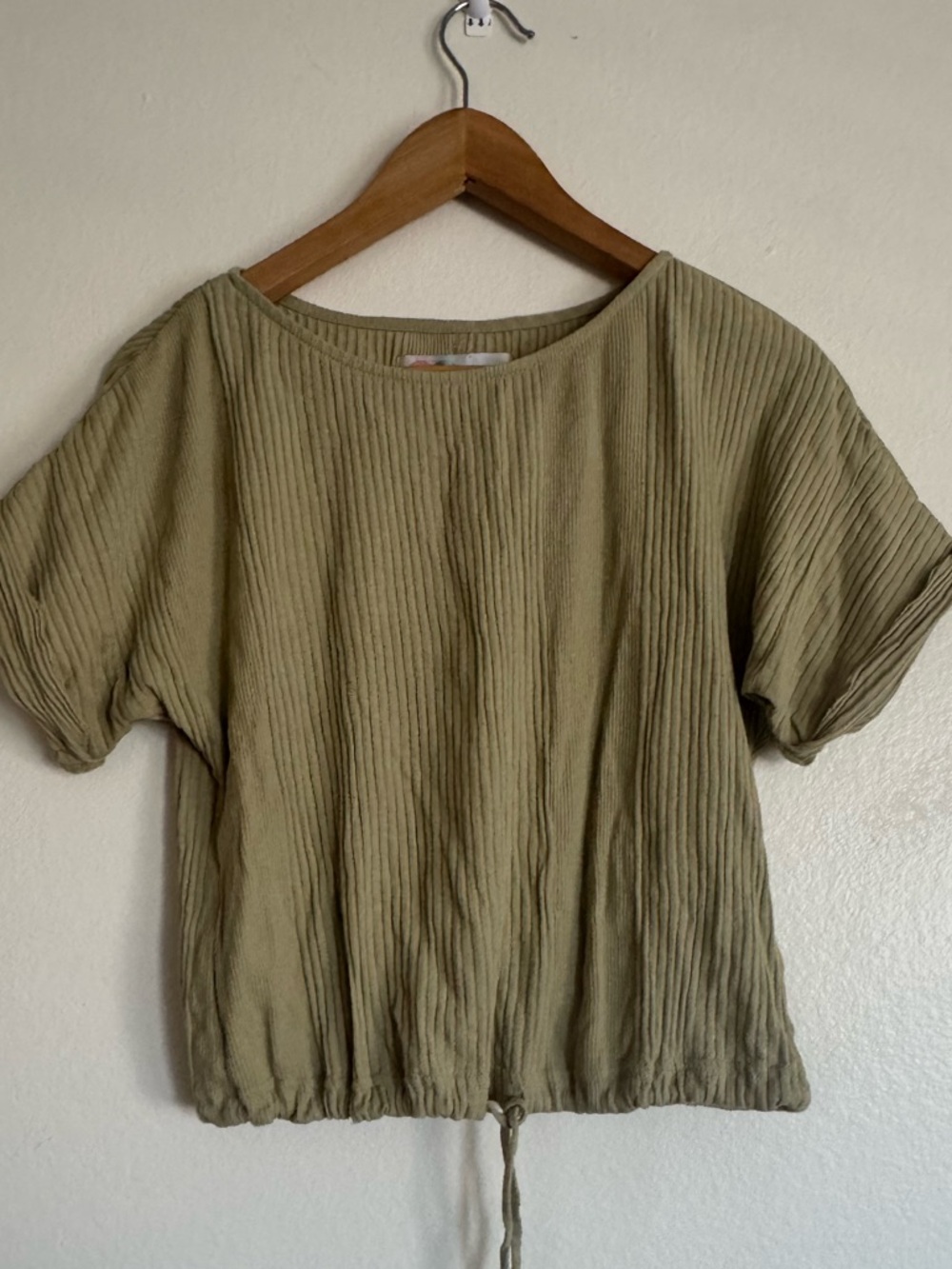 FP Beach Cropped Olive Drawstring Hem Short Sleeve Top